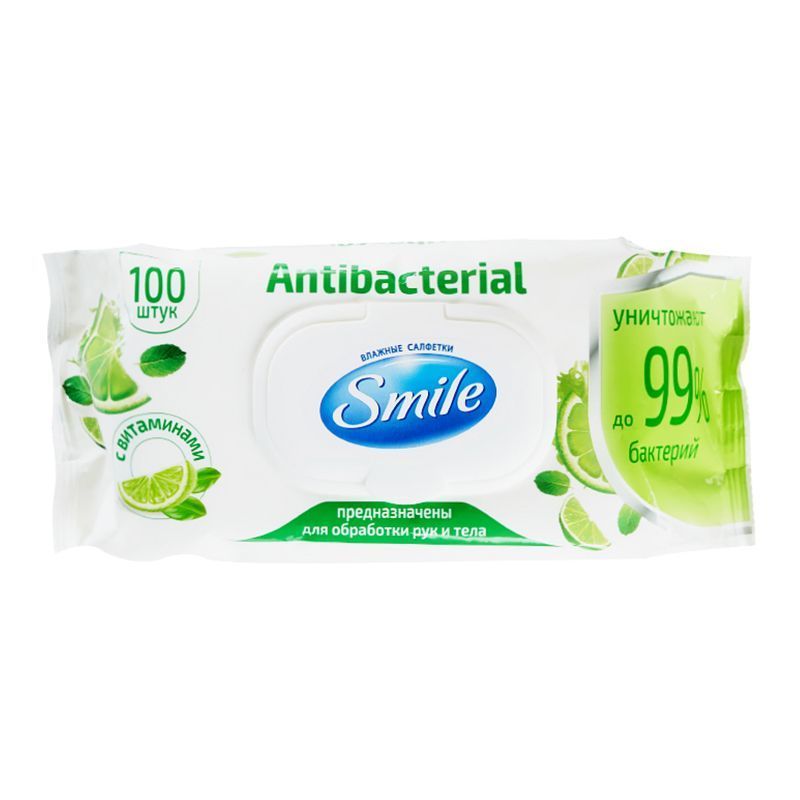 Салфетки влажные Smile Antibac лайм с клапаном 100шт